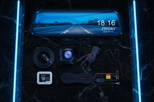 Lusterko dashcam flat lay